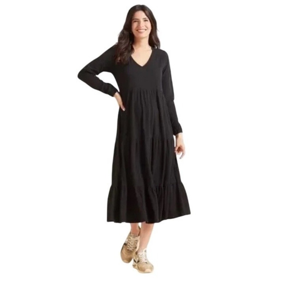 Z Supply Bailey Black Long Sleeve V Neck Tiered Casual Midi Dress Womens L